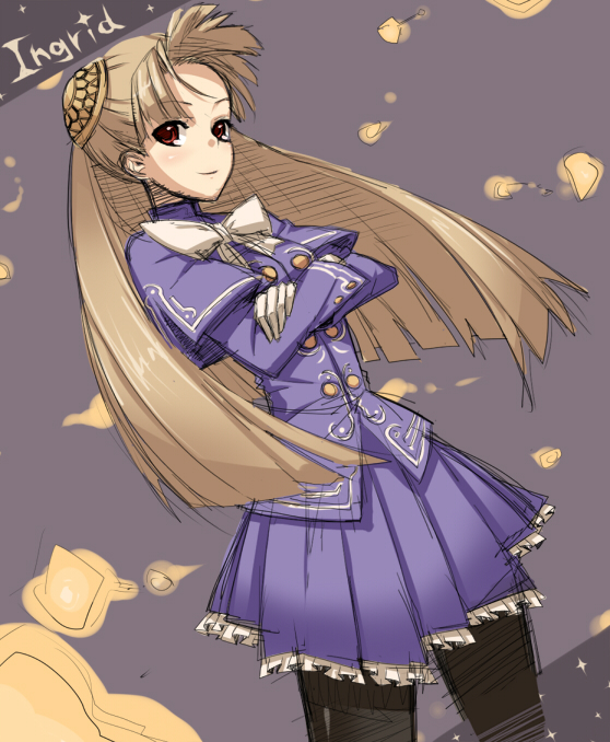 1girl, black_legwear, blonde_hair, capcom_fighting_jam, capelet, character_name, crossed_arms, hairpods
