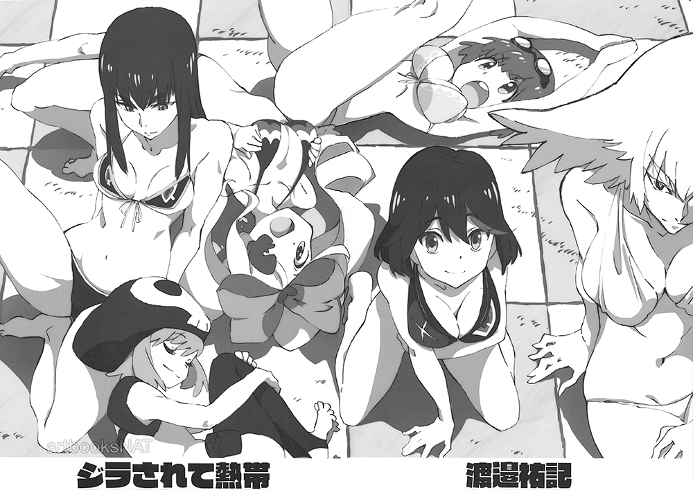 6+girls, adapted_costume, arm_support, bikini, bow, breast_hold, breast_squeeze, breasts