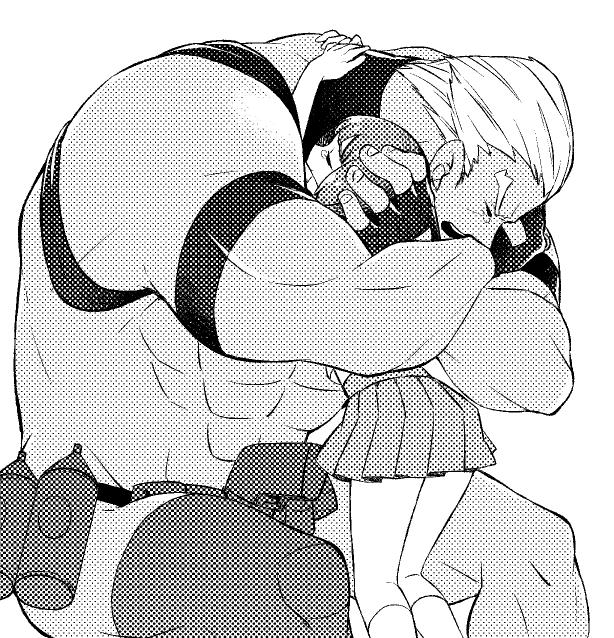 1boy, 1girl, anosumi_(ggpg), couple, gamagoori_ira, halftone, hug, kill_la_kill