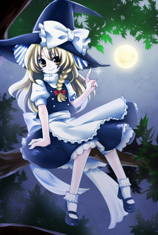 blonde_hair, braid, hat, jesse_(artist), kirisame_marisa, long_hair, mary_janes, moon