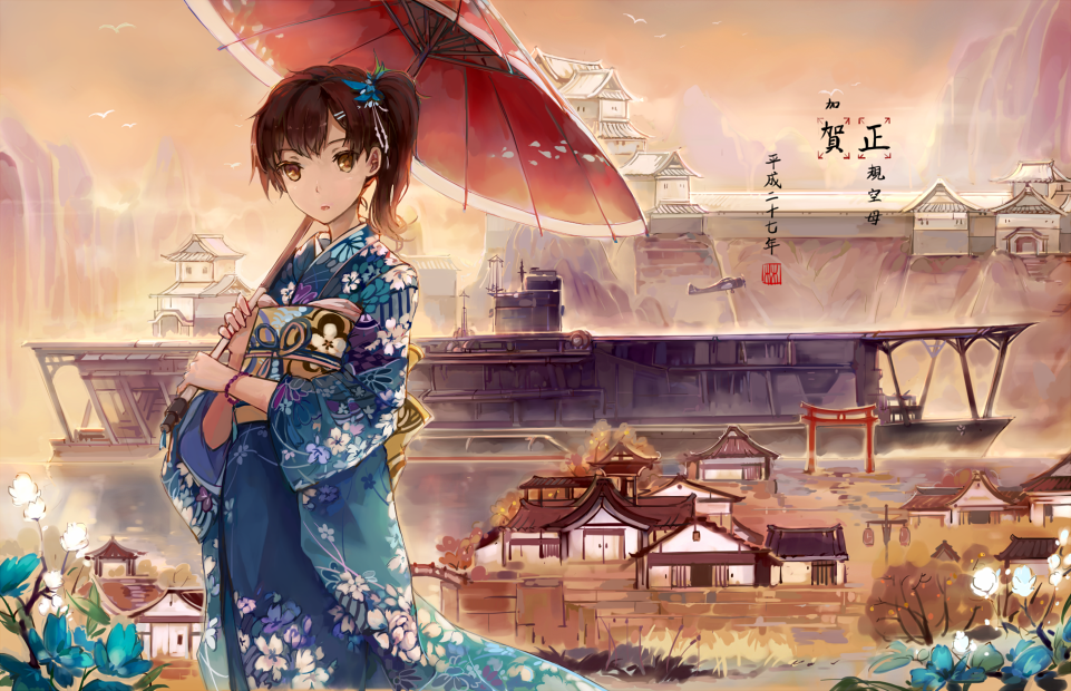 1girl, aircraft, architecture, bracelet, brown_eyes, brown_hair, cowboy_shot, east_asian_architecture