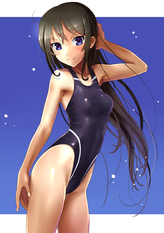 1girl, black_hair, blue_eyes, blush, breasts, competition_swimsuit, highleg, highleg_swimsuit