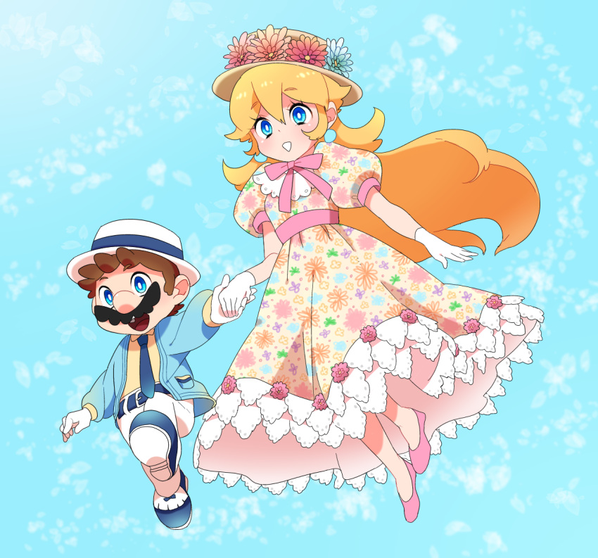 1boy, 1girl, alternate_costume, blonde_hair, blue_eyes, couple, dress, earrings, facial_hair, floral_print, flower, gloves, hat, height_difference, holding_hands, jewelry, lace, long_hair, mario, mustache, necktie, princess_peach, riomario, smile, super_mario_bros.