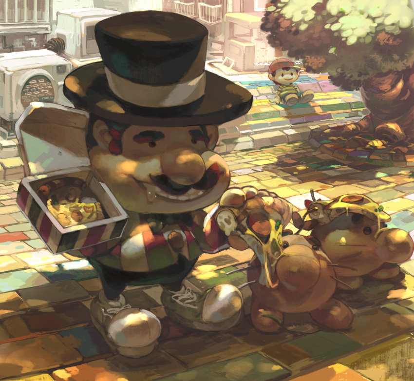 absurdres, baseball_cap, black_hair, bowtie, doseisan, facial_hair, food, gonzales_(mother)