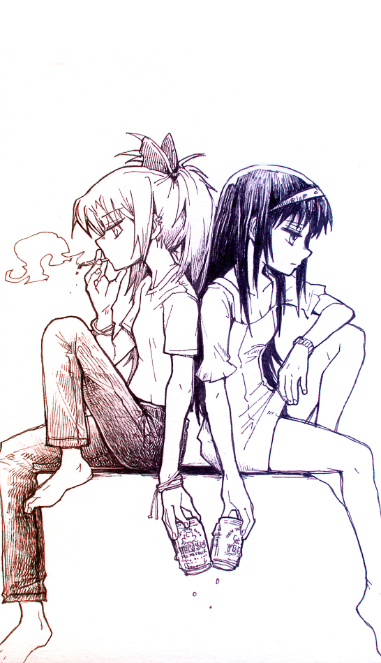2girls, akemi_homura, back-to-back, barefoot, beer_can, bracelet, cigarette, dress