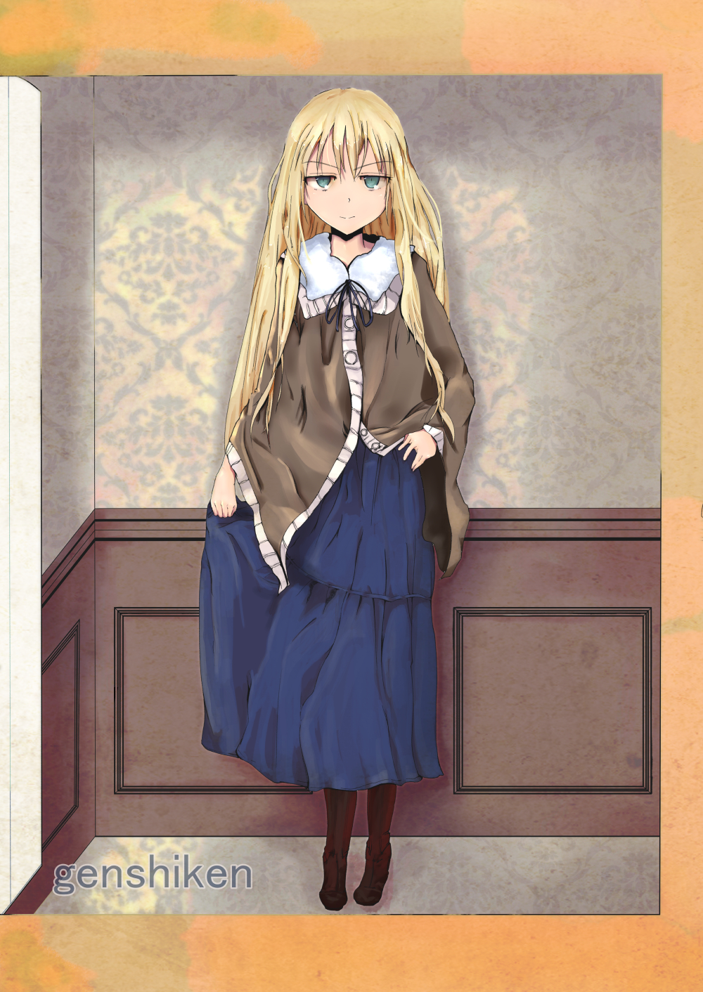 1girl, akaitori, blonde_hair, blue_eyes, boots, cardigan, copyright_name, fashion, genshiken, highres, long_hair, long_skirt, ribbon, skirt, skirt_hold, smile, solo, susanna_hopkins