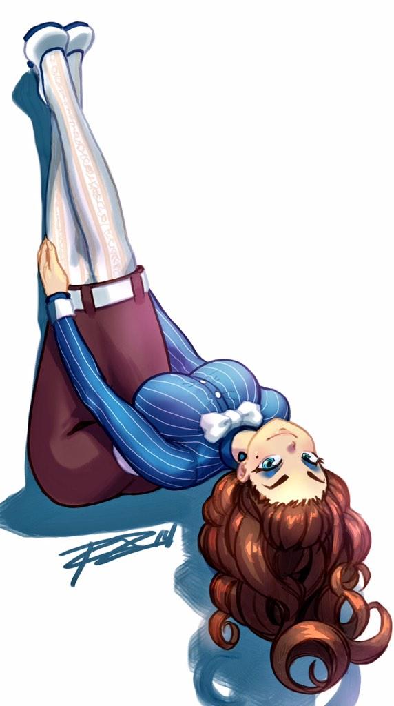 1girl, against_wall, bliss_barson, blue_eyes, bow, breasts, brown_hair, cryamore, curly_hair, earrings, eyeshadow, jewelry, large_breasts, legs_up, long_hair, long_skirt, looking_at_viewer, makeup, mole, mole_under_eye, pantyhose, robert_porter, seamed_legwear, sheer_legwear, shoes, skirt, smile, solo, upside-down, vertical_stripes, white_legwear