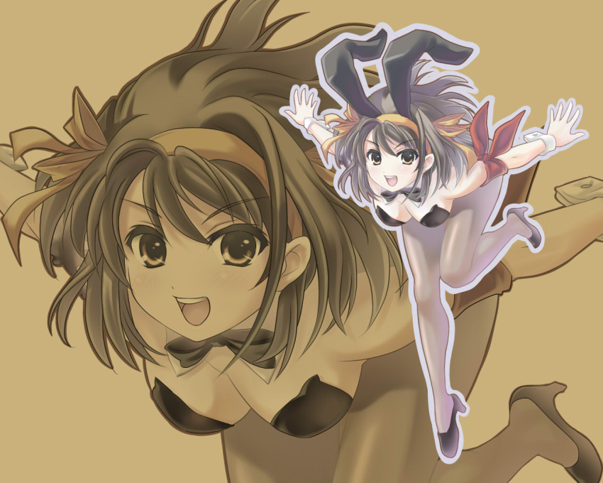 502tane, armband, bent_over, breasts, brown_eyes, brown_hair, bunny_ears, bunnysuit, cleavage, hairband, high_heels, komatsu_tane, pantyhose, rabbit_ears, shoes, short_hair, solo, suzumiya_haruhi, suzumiya_haruhi_no_yuuutsu, zoom_layer
