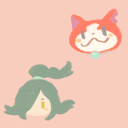 black_eyes, blush_stickers, cat, flat_color, green_hair, hair_over_one_eye, hokori_(kingcat), jibanyan