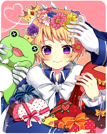 1boy, :>, blonde_hair, crown, flower, frog, gift, heart, heart_of_string, idolmaster, idolmaster_side-m, pierre_(idolmaster), short_hair, smile, solo_focus, touya_(angelically), violet_eyes, wreath