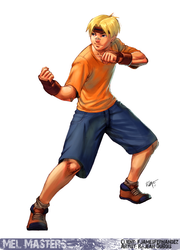 1boy, bandaid, bandaid_on_nose, blonde_hair, fighting_stance, fingerless_gloves, full_body, gloves