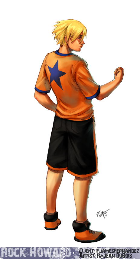 1boy, blonde_hair, clenched_hand, full_body, hand_on_hip, lejean, mark_of_the_wolves, rock_howard