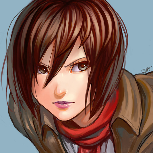 1girl, black_hair, close-up, face, jacket, lejean, lips, mikasa_ackerman, nose, parody, red_scarf, scarf, shingeki_no_kyojin, short_hair, solo, style_parody