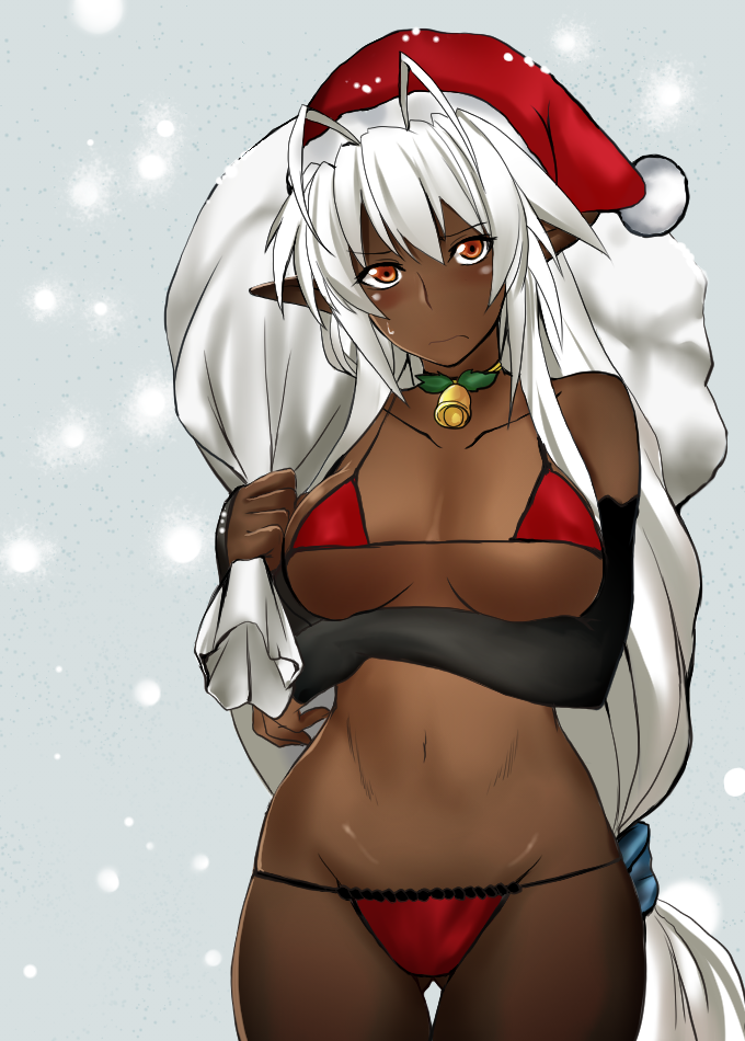 1girl, antenna_hair, bare_shoulders, bikini, blush, breasts, christmas, dark_elf