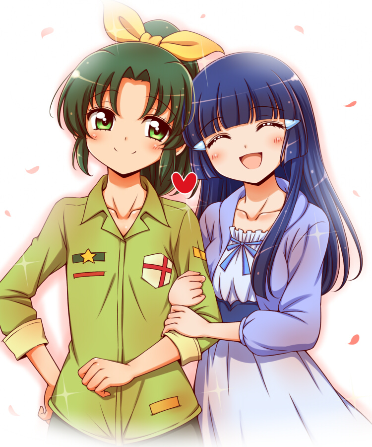 2girls, aoki_reika, bangs, blue_eyes, blue_hair, blush, bow, dress