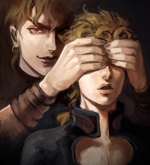 2boys, blonde_hair, covering_eyes, dio_brando, father_and_son, giorno_giovanna, jojo_no_kimyou_na_bouken, magatsumagic