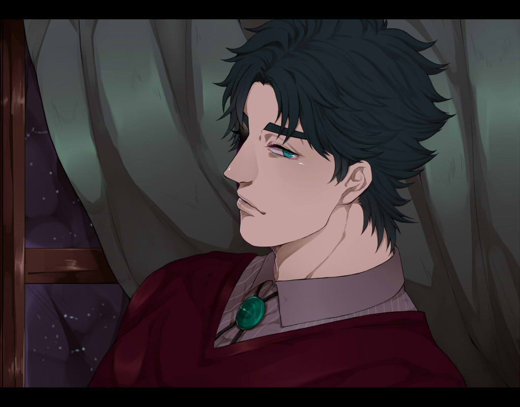 1boy, black_hair, blue_eyes, bolo_tie, jojo_no_kimyou_na_bouken, jonathan_joestar, letterboxed, solo, window, yoichi_(neon10)