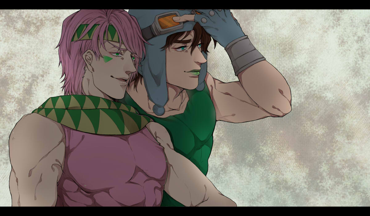 2boys, aviator_hat, brown_hair, caesar_anthonio_zeppeli, facial_mark, green_eyes, green_lipstick, headband