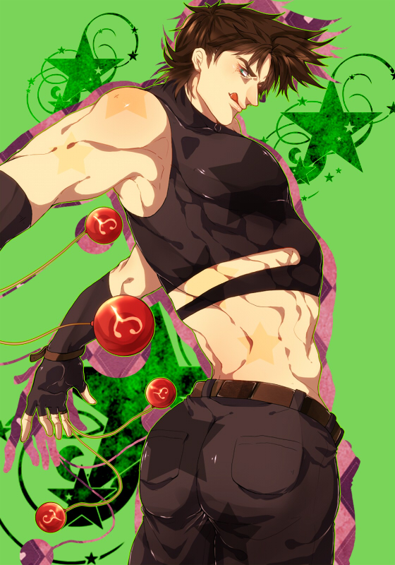 1boy, ass, bola_(weapon), brown_hair, fingerless_gloves, gloves, jojo_no_kimyou_na_bouken, joseph_joestar_(young)