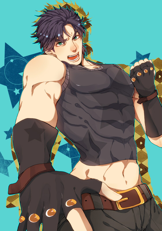 1boy, black_hair, blue_eyes, fingerless_gloves, gloves, jojo_no_kimyou_na_bouken, jonathan_joestar, solo