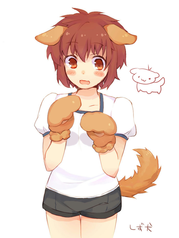 1girl, animal_ears, blush, brown_hair, dog, dog_ears, dog_tail, gloves