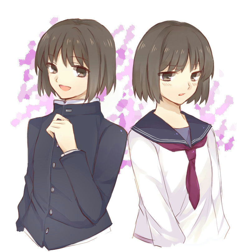 2girls, alternate_costume, brown_eyes, brown_hair, crossdressinging, dual_persona, gakuran, kara_no_kyoukai, multiple_girls, otowaya, reverse_trap, ryougi_shiki, school_uniform, serafuku, short_hair