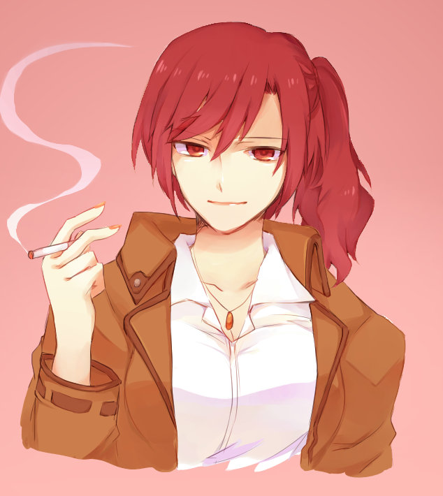 1girl, aozaki_touko, cigarette, jacket, kara_no_kyoukai, long_hair, nail_polish, otowaya, ponytail, red_eyes, redhead, solo