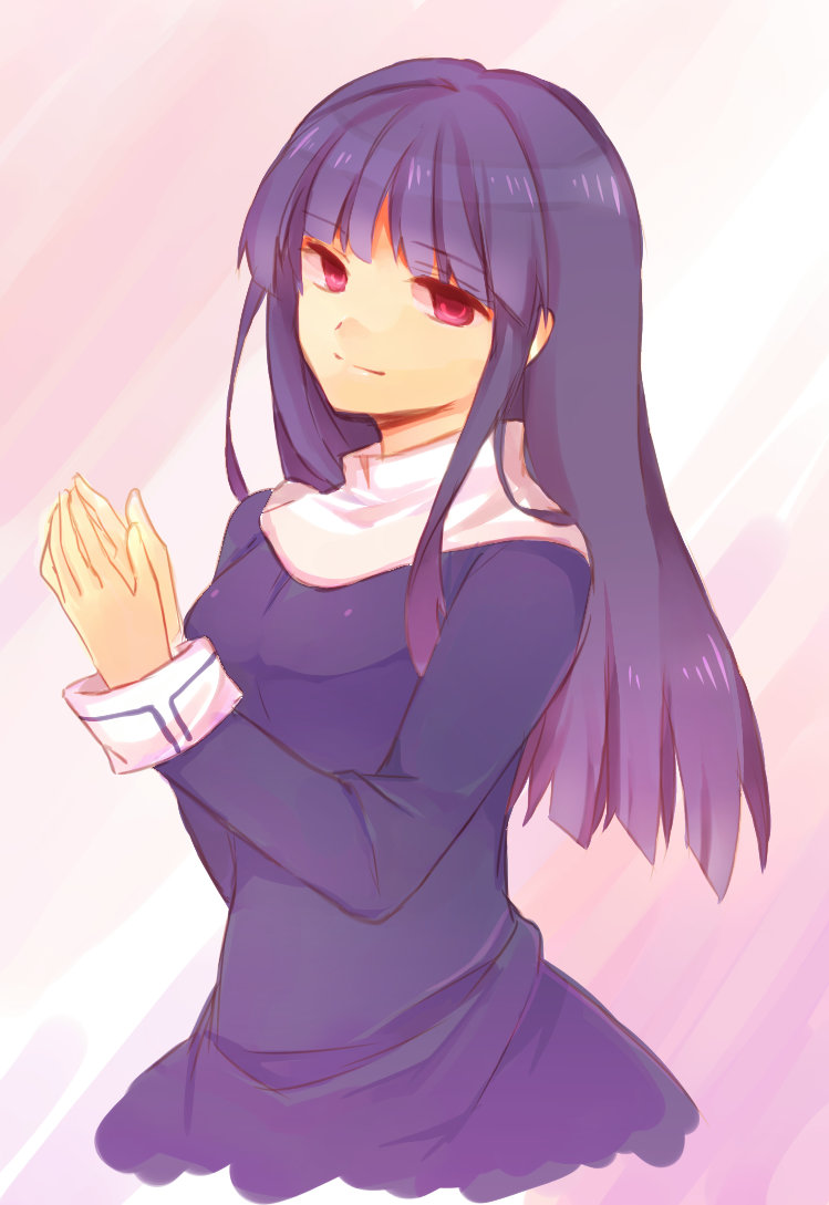 1girl, asagami_fujino, bangs, blunt_bangs, dress, kara_no_kyoukai, otowaya, purple_hair
