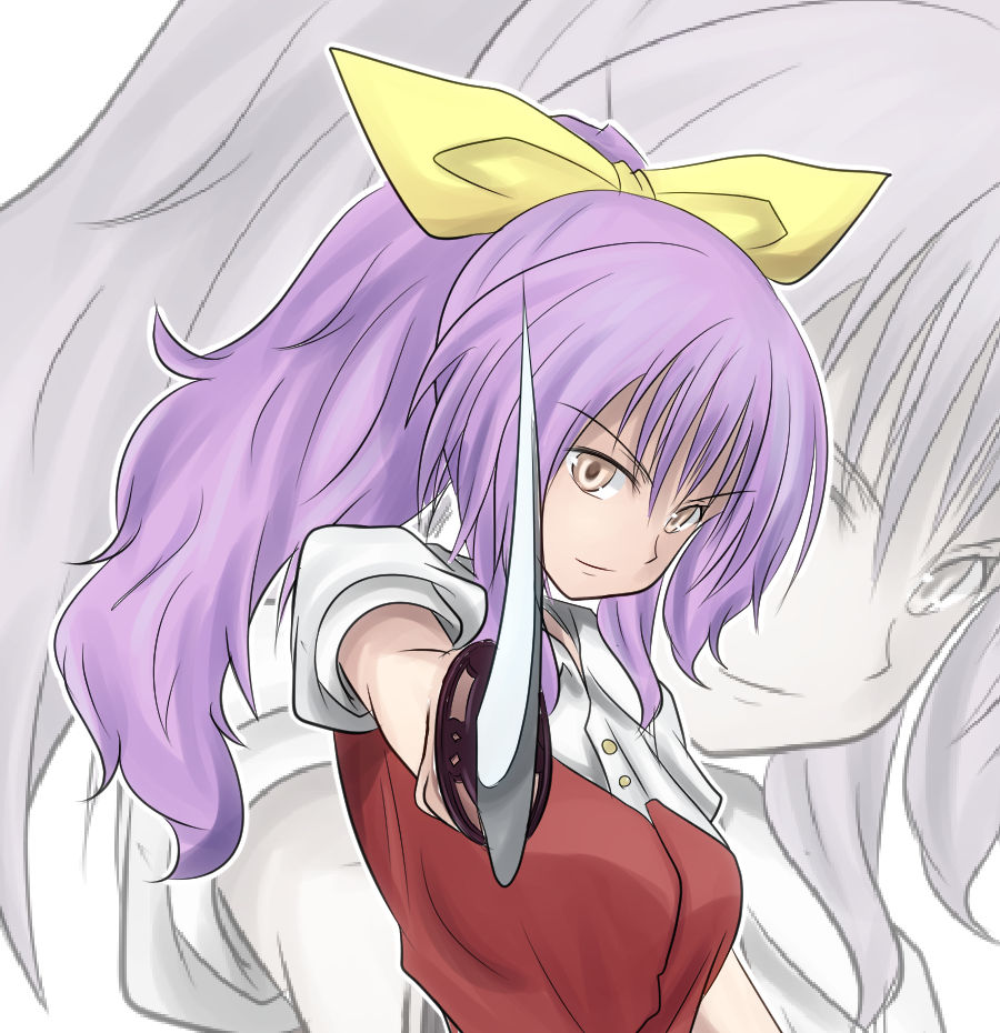 1girl, dress, foreshortening, katana, ponytail, puffy_short_sleeves, puffy_sleeves, purple_hair