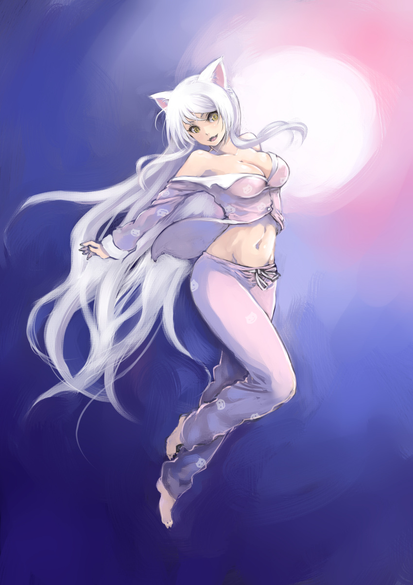 1girl, absurdres, animal_ears, bakemonogatari, bare_shoulders, barefoot, black_hanekawa, breasts