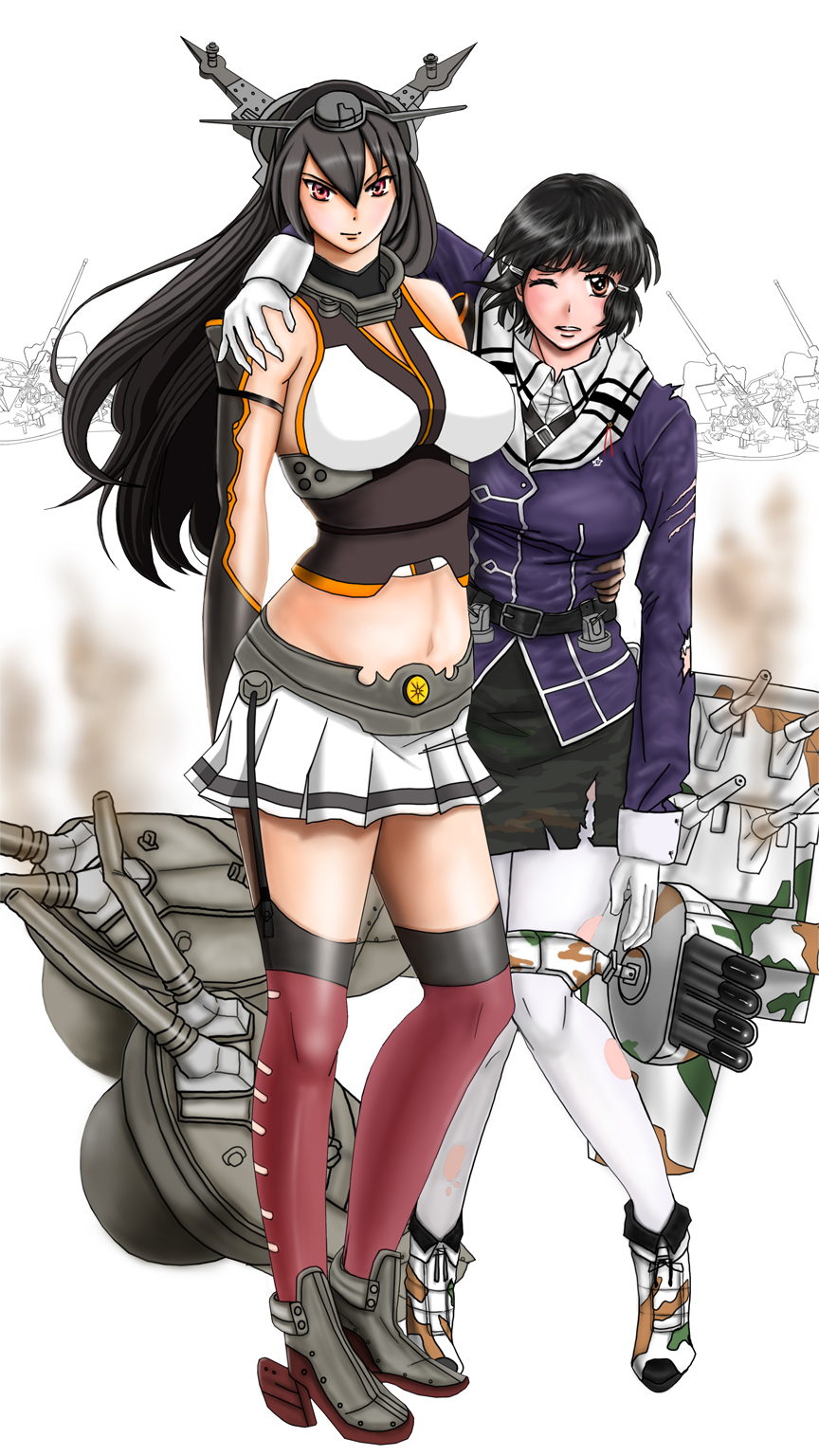 2girls, bare_shoulders, black_hair, breasts, elbow_gloves, gloves, hair_ornament, hairband
