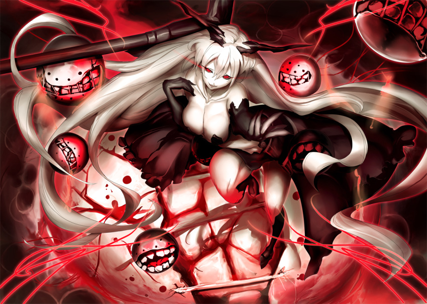 1girl, anchorage_hime, bare_shoulders, black_gloves, breasts, cleavage, collarbone, elbow_gloves
