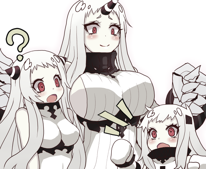 3girls, ?, airfield_hime, bare_shoulders, blush, breasts, claws, detached_sleeves