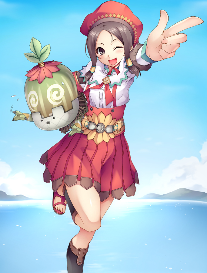 brown_eyes, brown_hair, cha-cha, chacha_(monster_hunter), guild_sweetheart, happy, hat, legs