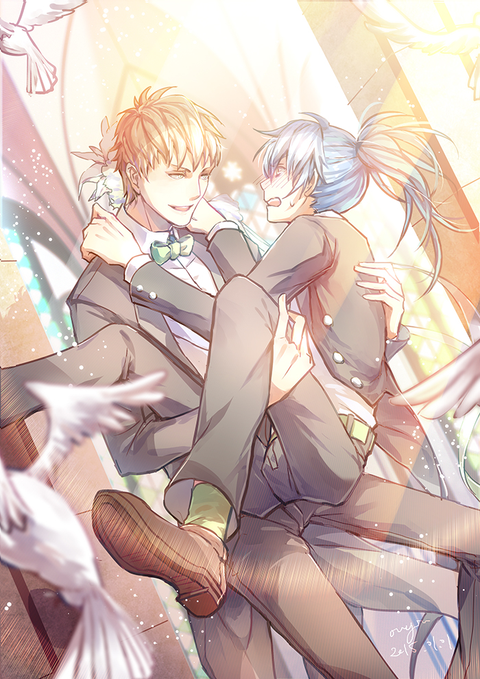 alternate_hairstyle, bird, blonde_hair, blue_hair, blush, bowtie, carrying, couple, dove, dramatical_murder, dutch_angle, formal, hands_on_shoulders, ichi_yasushi, looking_at_another, noiz_(dramatical_murder), ponytail, princess_carry, seragaki_aoba, suit, yaoi