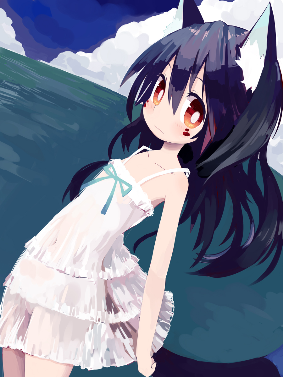 1girl, animal_ears, bare_shoulders, black_hair, blush, brown_eyes, dress, facepaint