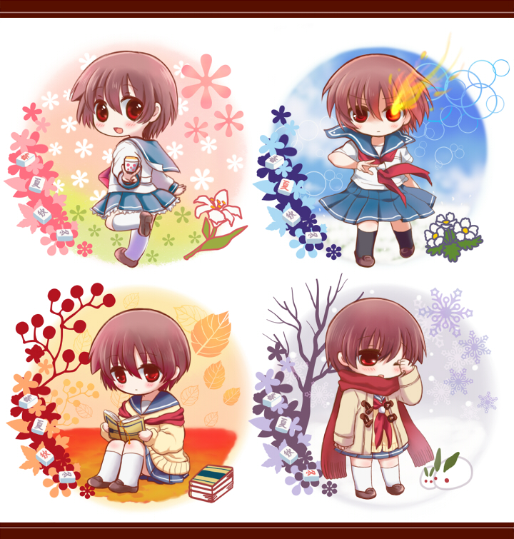 1girl, blush, board_game, book, coat, flower, kawara_yun, leaf, lily_(flower), mahjong, mahjong_tile, miyanaga_saki, saki, scarf, school_uniform, serafuku, short_hair, snow, tagme