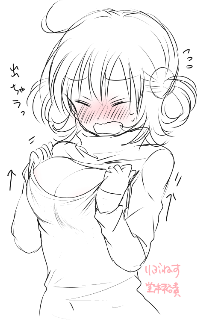 1girl, ahoge, artist_name, bangs, blush, breasts, bursting_breasts, bust