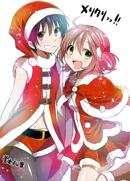 2girls, :d, ahoge, alternate_costume, arm_behind_back, artist_name, bangs, belt