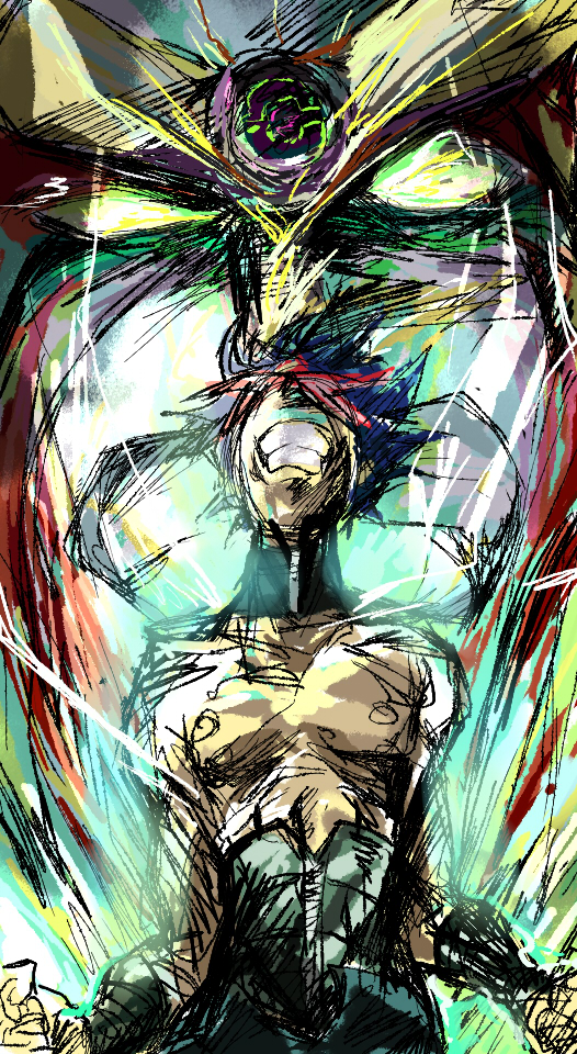 clenched_teeth, gurren-lagann, male_focus, mecha, shirtless, simon, sketch, soyoking