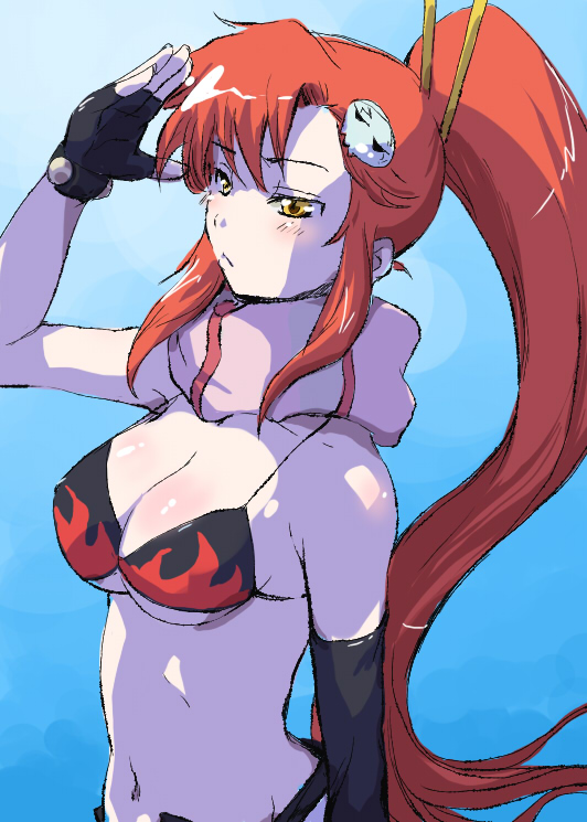 1girl, bikini_top, blue_background, blush, fingerless_gloves, gloves, hair_ornament, long_hair, navel, ponytail, redhead, scarf, skull_hair_ornament, smile, solo, soyoking, tengen_toppa_gurren_lagann, yellow_eyes, yoko_littner