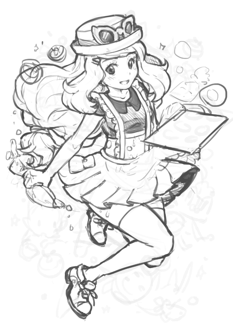 1girl, mi-eau, monochrome, pokemon, pokemon_(game), pokemon_xy, serena_(pokemon), sketch