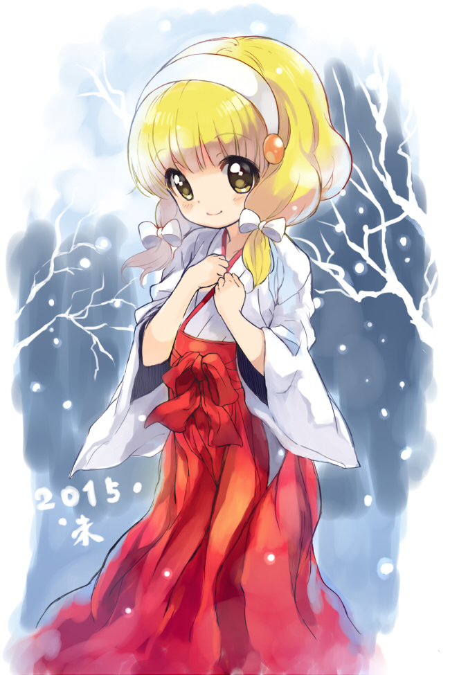 1girl, 2015, alternate_costume, alternate_hairstyle, blonde_hair, blush, bow, hair_bow, hairband, hakama, japanese_clothes, kise_yayoi, long_hair, miko, peacemaker777, precure, smile, smile_precure!, solo, twintails, yellow_eyes