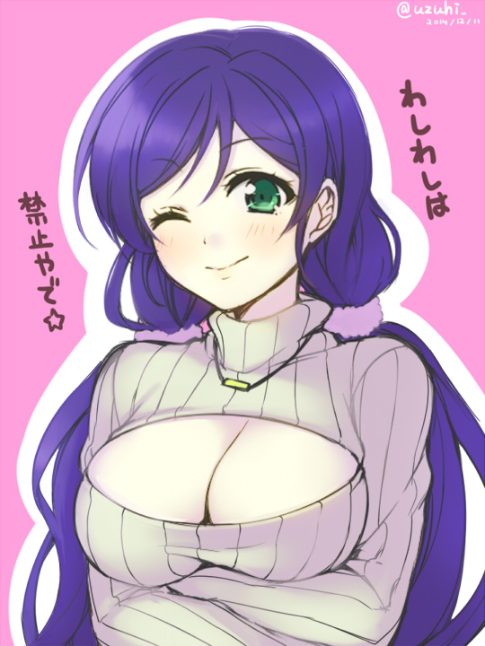 1girl, ;), breasts, cleavage, cleavage_cutout, green_eyes, large_breasts, long_hair