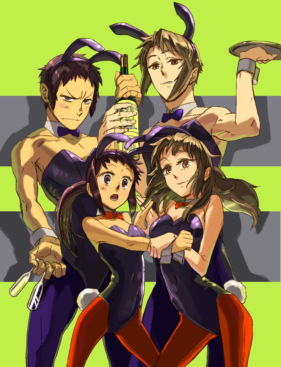 bad_id, breasts, brown_eyes, brown_hair, bunny_ears, bunnysuit, crossdressing, crossdressinging, danaka, dual_persona, fishnet_pantyhose, fishnets, genderswap, height_difference, highres, koizumi_itsuki, koizumi_itsuki_(female), kyon, kyonko, pantyhose, suzumiya_haruhi_no_yuuutsu, tall