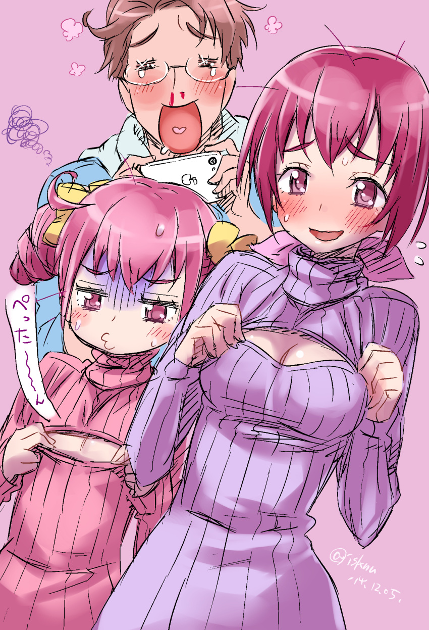 1boy, 2girls, =_=, blood, blush, bow, breasts, brown_hair, camera, cleavage, drill_hair, family, father_and_daughter, flat_chest, flying_sweatdrops, glasses, hair_bow, heart, heart_in_mouth, highres, hoshizora_hiroshi, hoshizora_ikuyo, hoshizora_miyuki, isedaichi_ken, mother_and_daughter, multiple_girls, nosebleed, o3o, open-chest_sweater, pink_eyes, pink_hair, ponytail, pout, precure, ribbed_sweater, smile, smile_precure!, squiggle, sweat, sweater, turn_pale, turtleneck, twin_drills