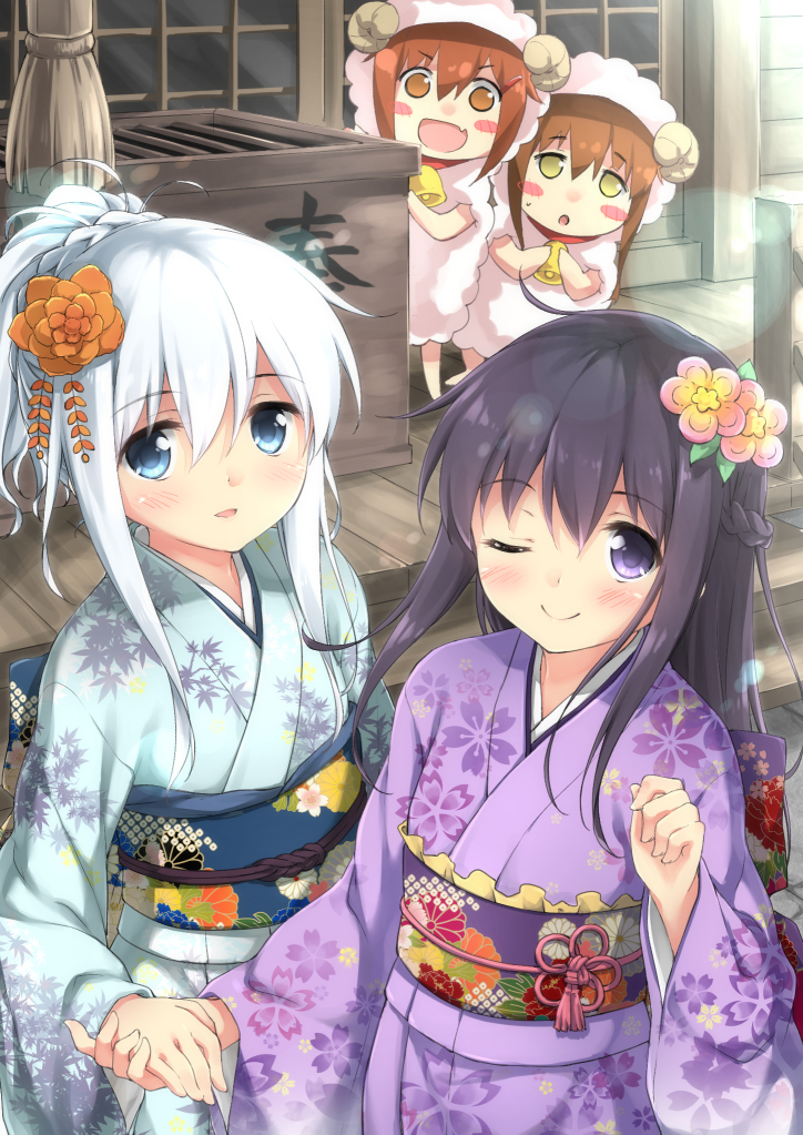 4girls, ;), akatsuki_(kantai_collection), alternate_costume, animal_costume, black_hair, blue_eyes, box