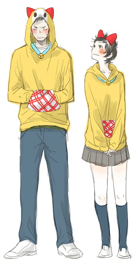 1boy, 1girl, animal_ears, bell, black_hair, blush, doraemon, dorami