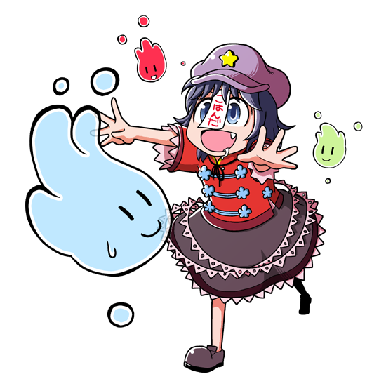 1girl, blue_eyes, blue_hair, chinkuru, divine_spirit, fang, hat, jiangshi