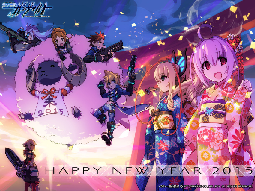 2015, 3girls, 4boys, acura_(gunvolt), asimov_(gunvolt), azure_striker_gunvolt, blonde_hair, blue_eyes